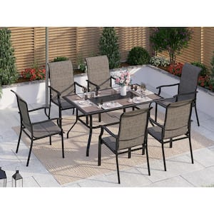 Black 7-Piece Metal Geometric Rectangle Table Outdoor Patio Dining Set with Padded Textilene Chairs