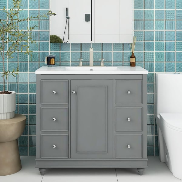 Staykiwi 36 in. W x 18 in. D x 34 in. H Freestanding Bath Vanity in Gray with White Cultured Marble Top