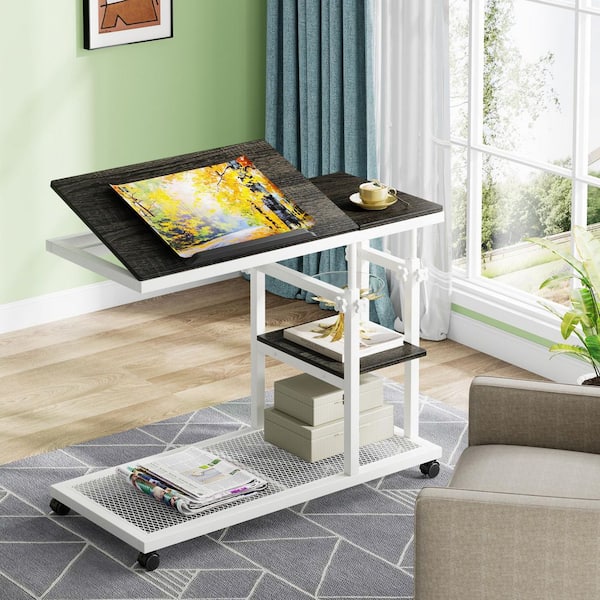 BYBLIGHT 31.5 in.  Mobile White and Gray Height Adjustable C-shaped Table Particle Board End Table with Wheels, Storage Shelves