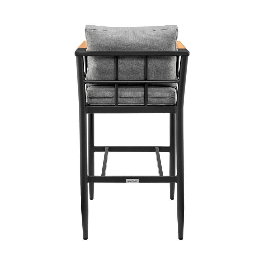 Gray Aluminum and Teak Outdoor Bar Stool with Cushions