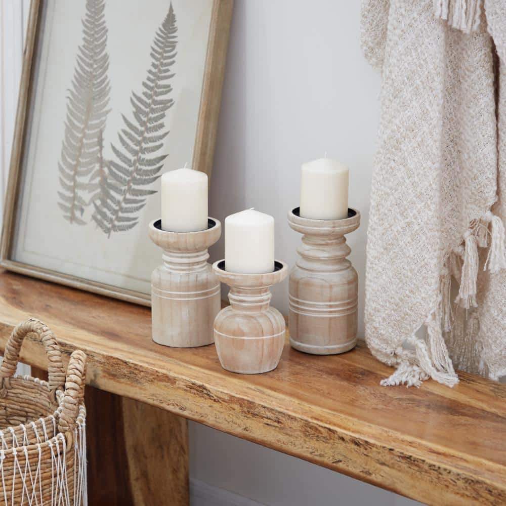 Brown Distressed Wood Geometric Candlestick Set, 8.65" Height