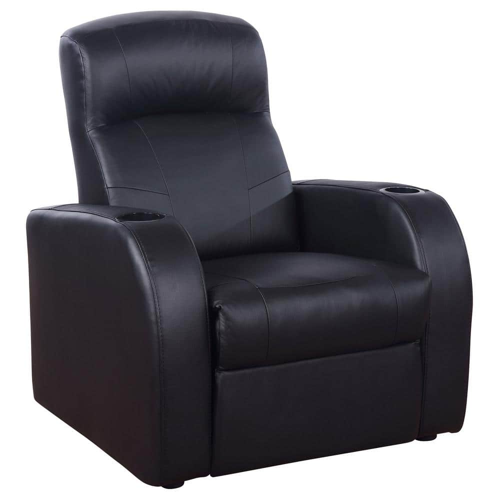 Cyrus Black Leather Manual Reclining Sofa with Cup Holders