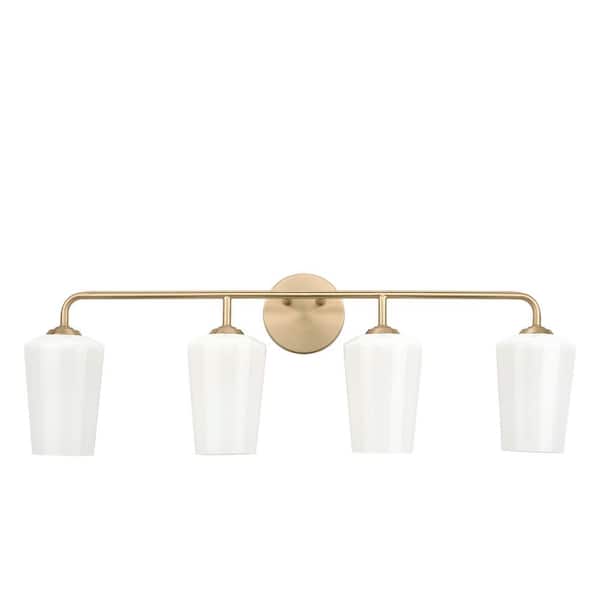 Celino 32.5 in. 4-Light Champagne Bronze Bathroom Vanity Light with White Glass Shade