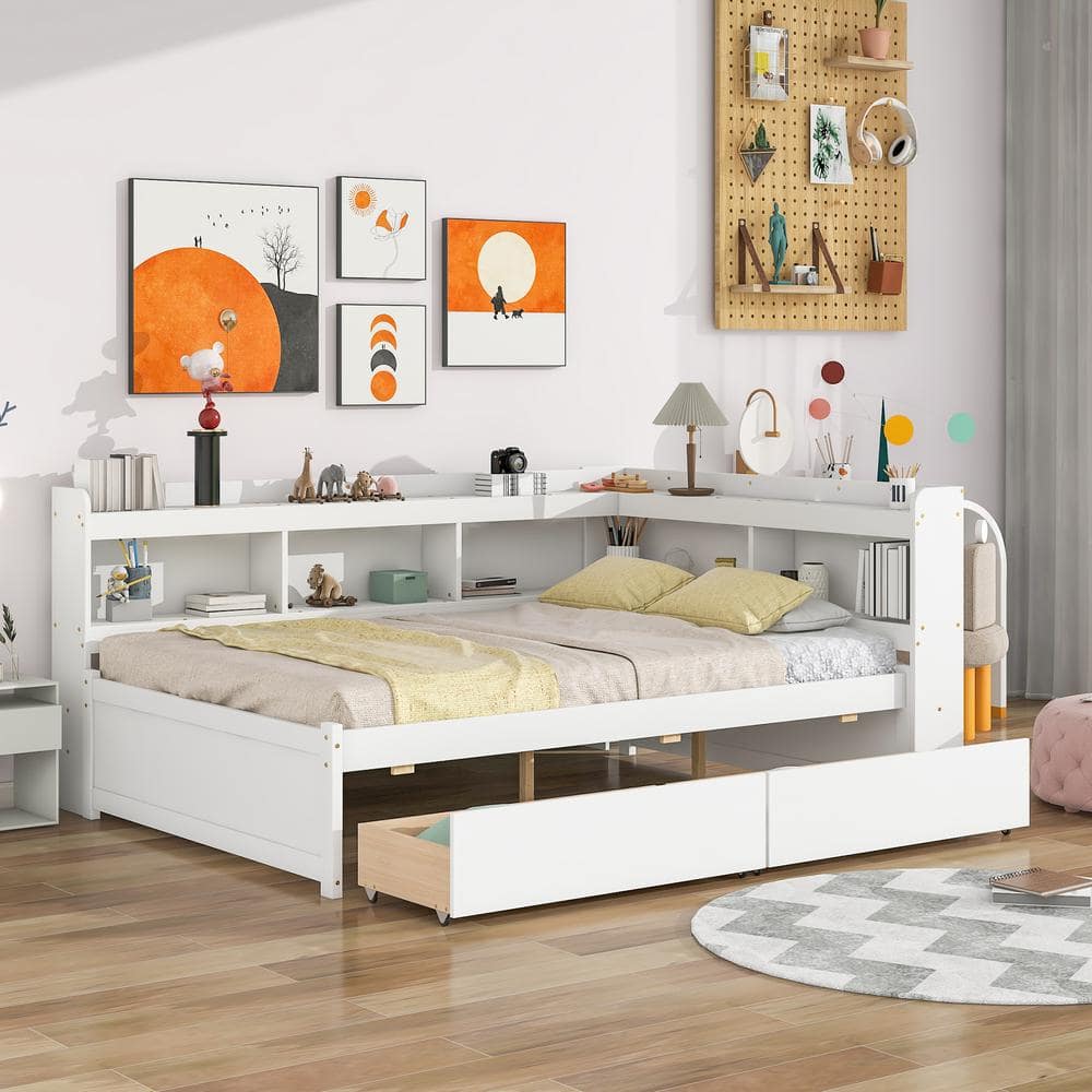 Harper Bright Designs White Full Size 1 Piece Wood Frame Top Platform Bed with L shaped Bookcase and 2 Drawers GCCPXQS00098 The Home Depot