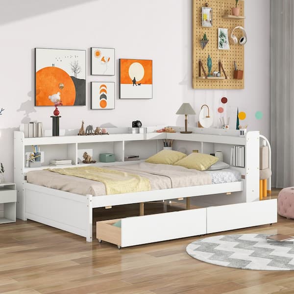 Harper & Bright Designs White Full Size 1-Piece Wood Frame Top Platform Bed with L-shaped Bookcase and 2-Drawers