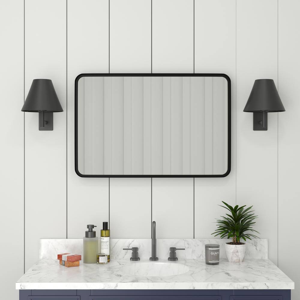 Matte Black Rectangular Wall Mirror with Rounded Corners