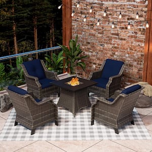 4 Seat 5-Piece Wicker Patio Set Conversation Set with Blue Cushion, Fire Pit Table