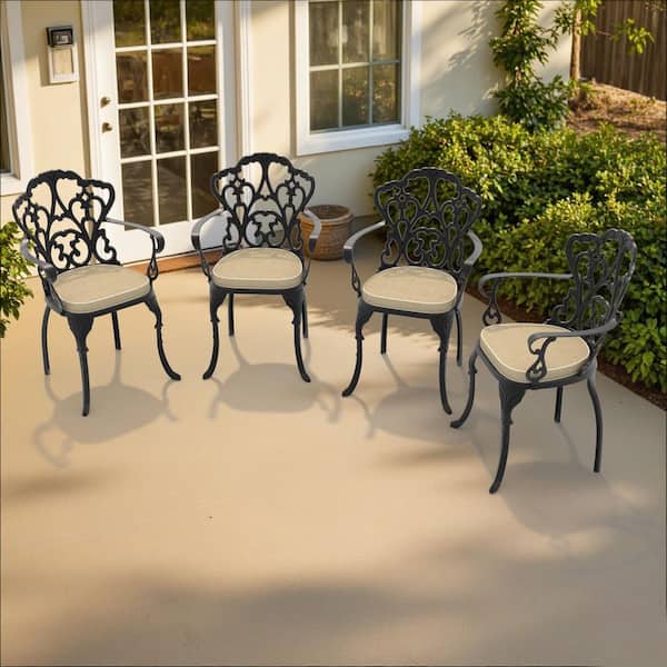 Black Cast Aluminum Stationary Outdoor Patio Dining Chairs with Off-White Cushions(4-Pack)