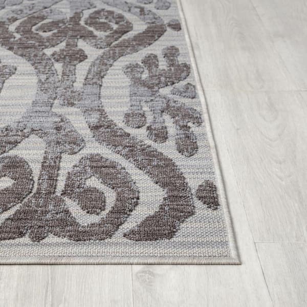 Blue, Gray 5 ft. x 7 ft. Woven Damask PET Polyester Rectangle Indoor/Outdoor Area Rug