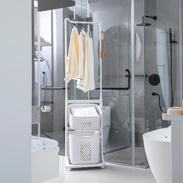2-Tier Laundry Hamper Sorter with Hanging Bar, Rolling Laundry