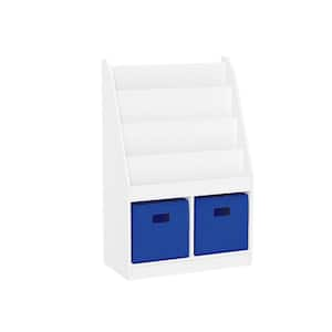 23.5 in. Wide White Kids Bookshelf and  Toy Organizer with 4 Bookracks and 2-Cubbies with 2-Blue Fabric Bins