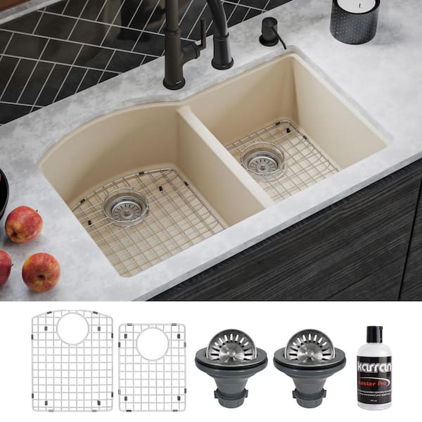 Karran QU-610 Quartz/Granite 32 in. Double Bowl 60/40 Undermount Kitchen Sink in Bisque with Bottom Grid and Strainer
