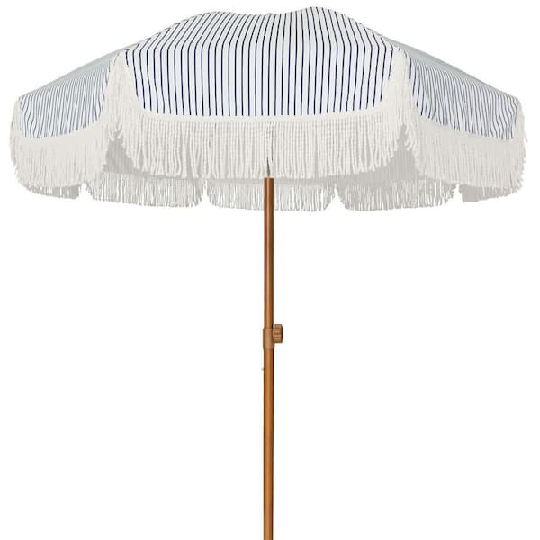 7 ft. Outdoor Patio Umbrella with Fringe, UPF50+ Premium Steel Pole and Ribs, Push Button Tilt in Navy Blue Stripes