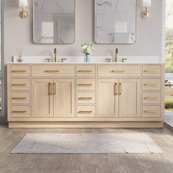 84 in. Double Sink Freestanding Solid Wood Bath Vanity in OAK with White Quartz Top, Soft-Close, Full Assembled