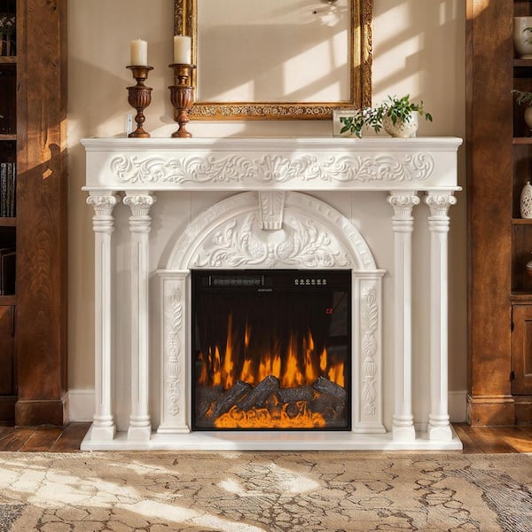 55.1 in. Freestanding Wood Electric Fireplace Mantel Package with 23.6 in. Insert, Solid Wood Columns, White