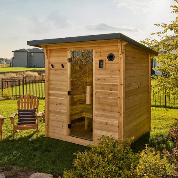 Henley 6-Person Outdoor Cedar Traditional Wet/Dry Cabin Sauna with 9kW Electric Heater, Wi-Fi Control, LED Lights