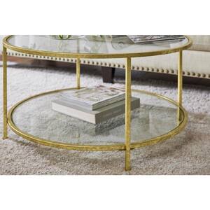 Bella 34 in. Gold Leaf/Clear Medium Round Glass Coffee Table with Shelf