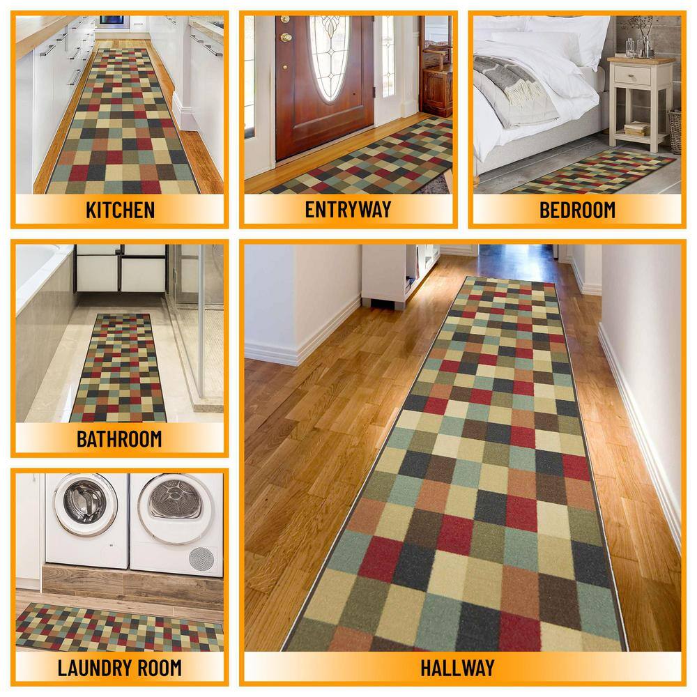 Multicolor Checkered Non-Slip Runner Rug with Rubber Backing