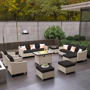 Oconee Beige 9-Piece Modern Outdoor Patio Conversation Sofa Set with a Rectangle Fire Pit and Black Cushions
