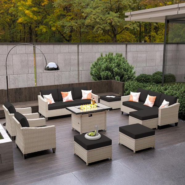 HOOOWOOO Oconee Beige 9-Piece Modern Outdoor Patio Conversation Sofa Set with a Rectangle Fire Pit and Black Cushions