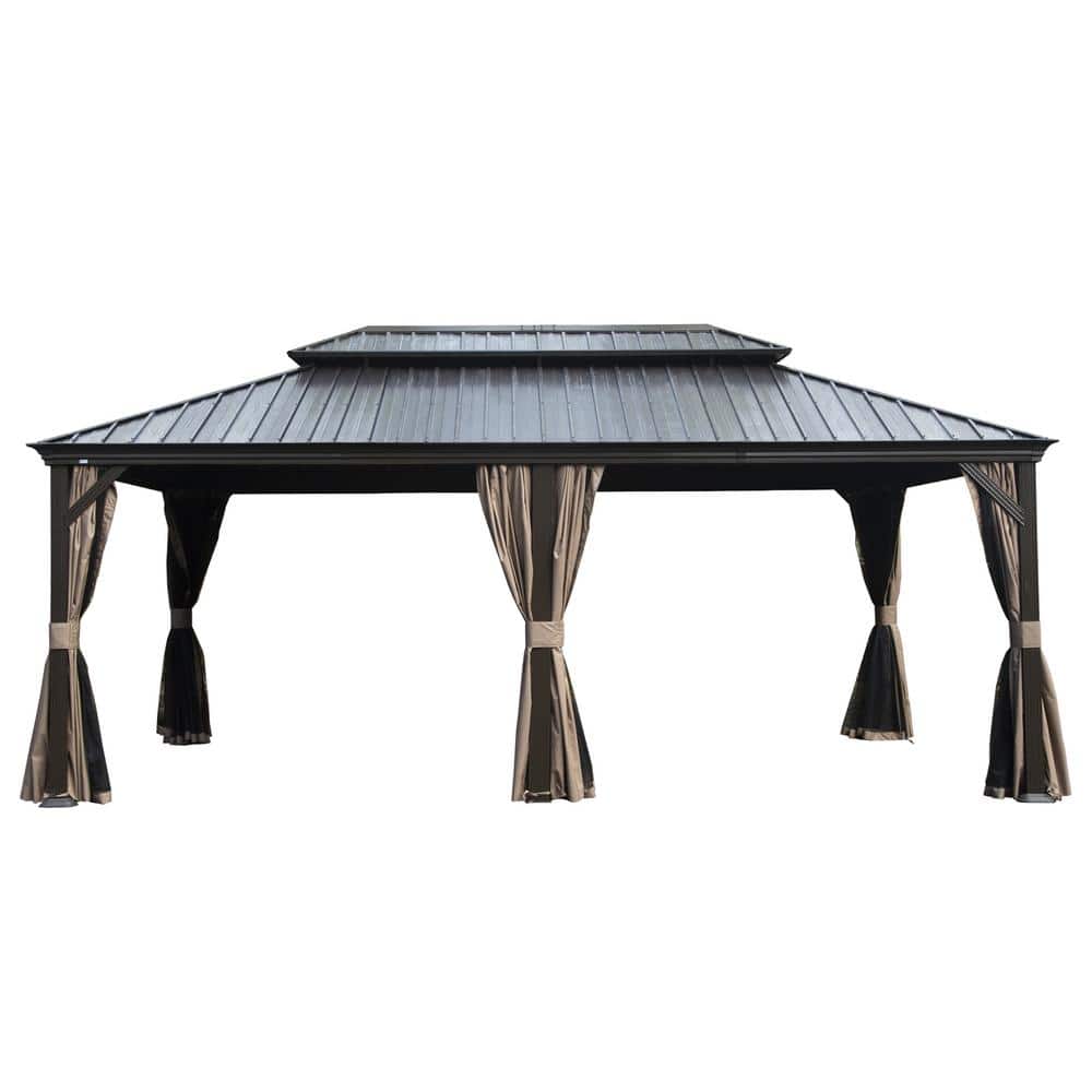 12 ft. x 20 ft. Brown Metal Gazebo with Dual-Layer Galvanized Steel Roof, Curtain, and Netting price history on PriceWatchPro