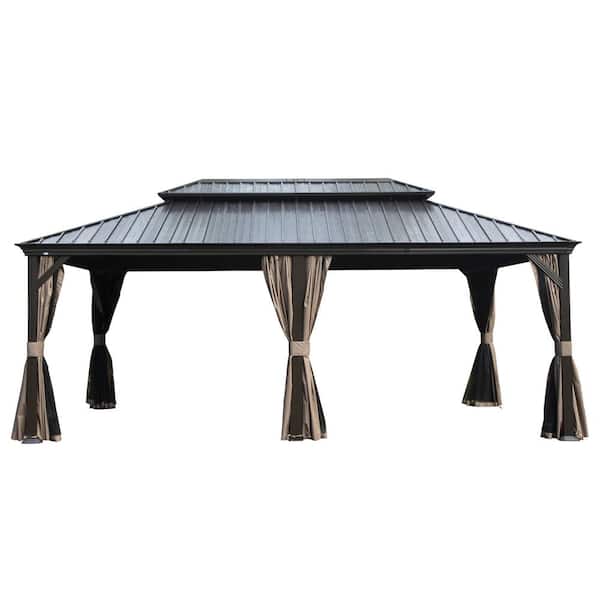 domi outdoor living 12 ft. x 20 ft. Brown Metal Gazebo with Dual-Layer Galvanized Steel Roof, Curtain, and Netting