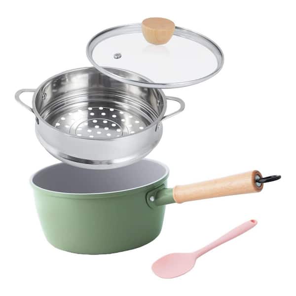 Green 2 qt. Ceramic Nonstick Sauce Pan with Lid and Steamer, Wooden Handle for Cool Touch, Universal Base PTFE PFAS-Free