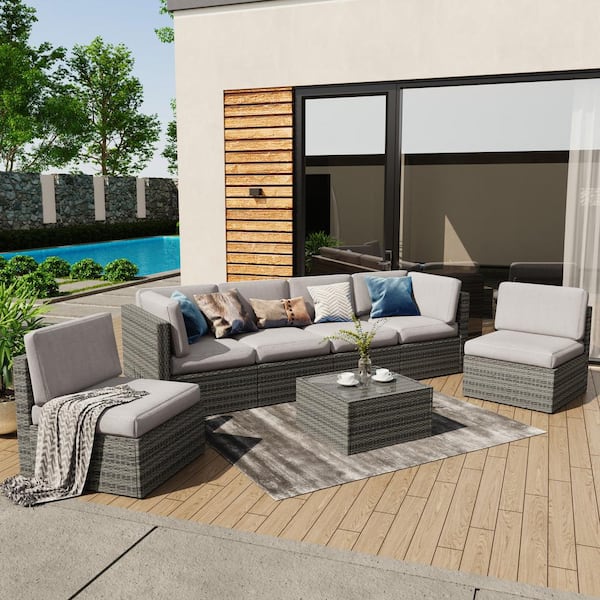 Uixe 7 Piece Rattan 6 Person Wicker Outdoor Sectional Patio Conversation Seating Group with Gray Cushions and Glass Table ODF518882503 The Home Depot