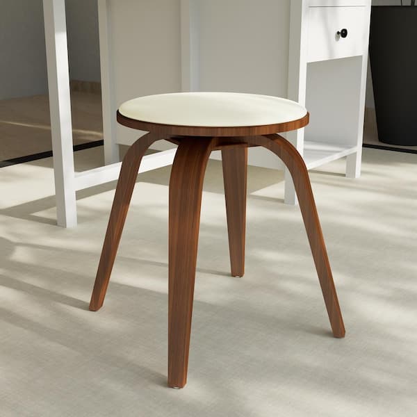 18 in. Counter Height Stool in Leather with Poplar Wood Legs and Iron Footrest 360 Swivel Seat in Walnut/Light Taupe