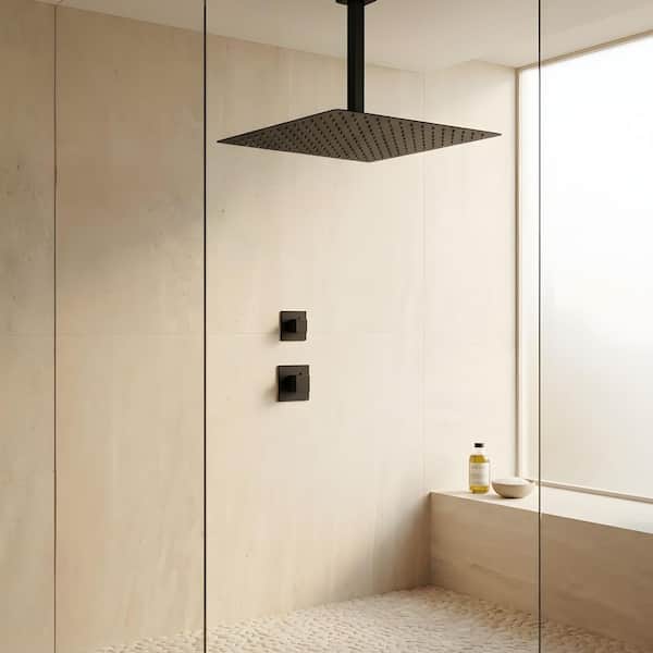 Modern 1-Spray Pattern 16 in. Single Ceiling Mount Fixed Shower Head in Matte Black