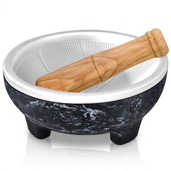 Ceramic Marble Finish Mortar and Pestle Set with Wooden Pestle, Non-Slip Base, Silicone Covers, 1 Set