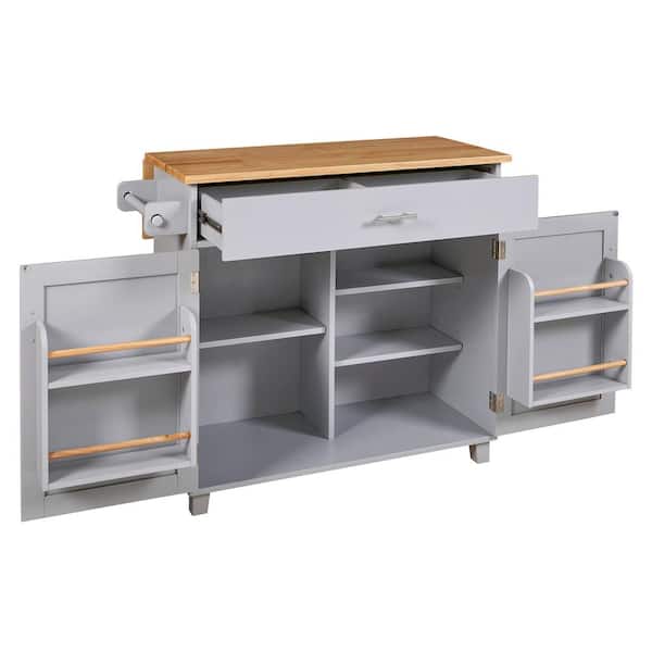 Modern Gray Blue Wood 39 in. Interior Storage Rack Kitchen Island Adjustable Shelves Cart with Compartment Drawer