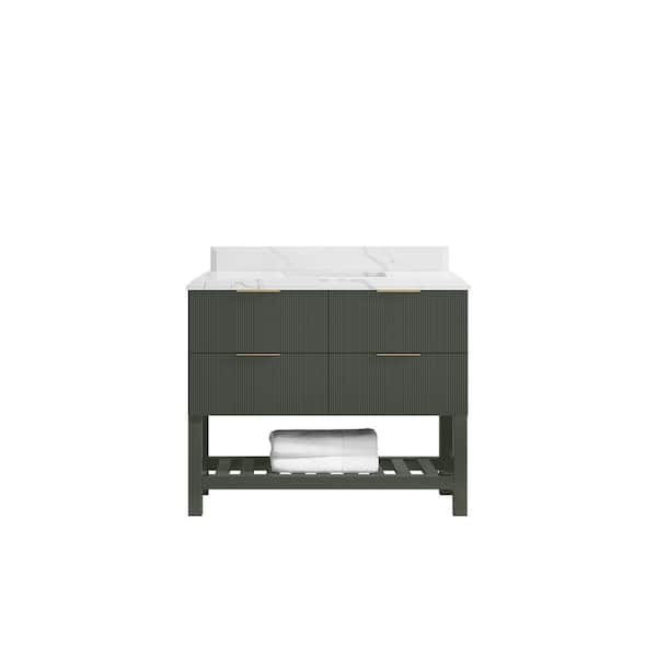 Willow Collections Catalina 42 in. Single Sink Freestanding Pewter Green Bath Vanity with Calacatta Laza Qt. Top Unassembled