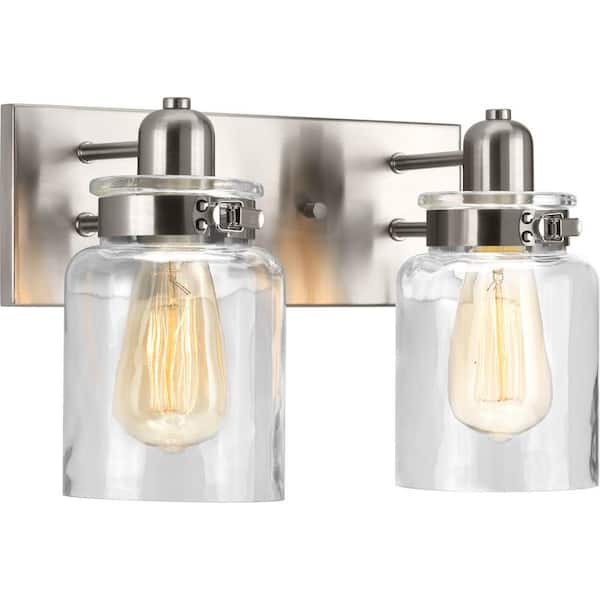 Calhoun Collection 13-1/4 in.2-Light Brushed Nickel Clear Glass Farmhouse Urban Industrial Bathroom Vanity Light