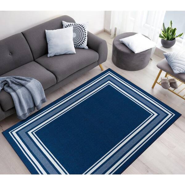 Beverly Rug Indoor Bordered Area Rugs, Non Slip Rubber Backing Modern Living Room Area Rug, Navy, 3x5, Size: 3' x 5', Blue