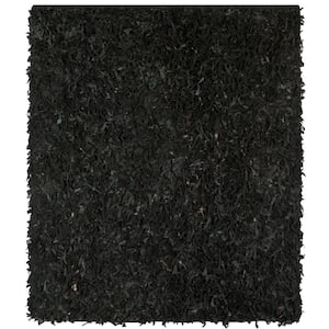 Leather Shag Black 8 ft. x 8 ft. Square Solid Area Rug