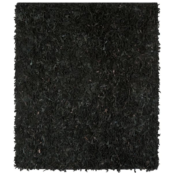 SAFAVIEH Leather Shag Black 8 ft. x 8 ft. Square Solid Area Rug