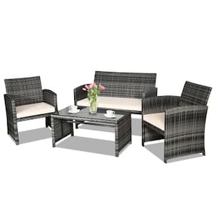 4-Piece Wicker Patio Conversation Set Rattan Outdoor Sofa Coffee Table Set With White Cushions