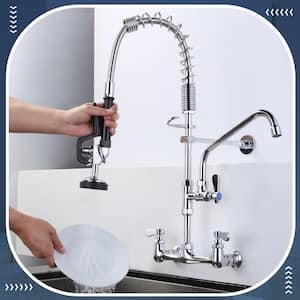 Commercial Wall Mount Triple-Handle Pull Down Sprayer Kitchen Faucet with Pre-Rinse Sprayer in Chrome