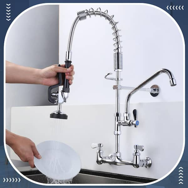 25 in. H Commercial Wall Mount Triple Handle Pull Down Sprayer Kitchen Faucet with Pre-Rinse Sprayer in Polished Chrome