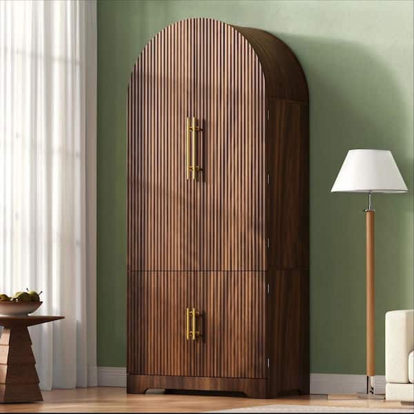 72.05 in. Brown MDF Freestanding Arched Storage Cabinet with Adjustable Shelves, Door Storage Racks, Hidden Drawer