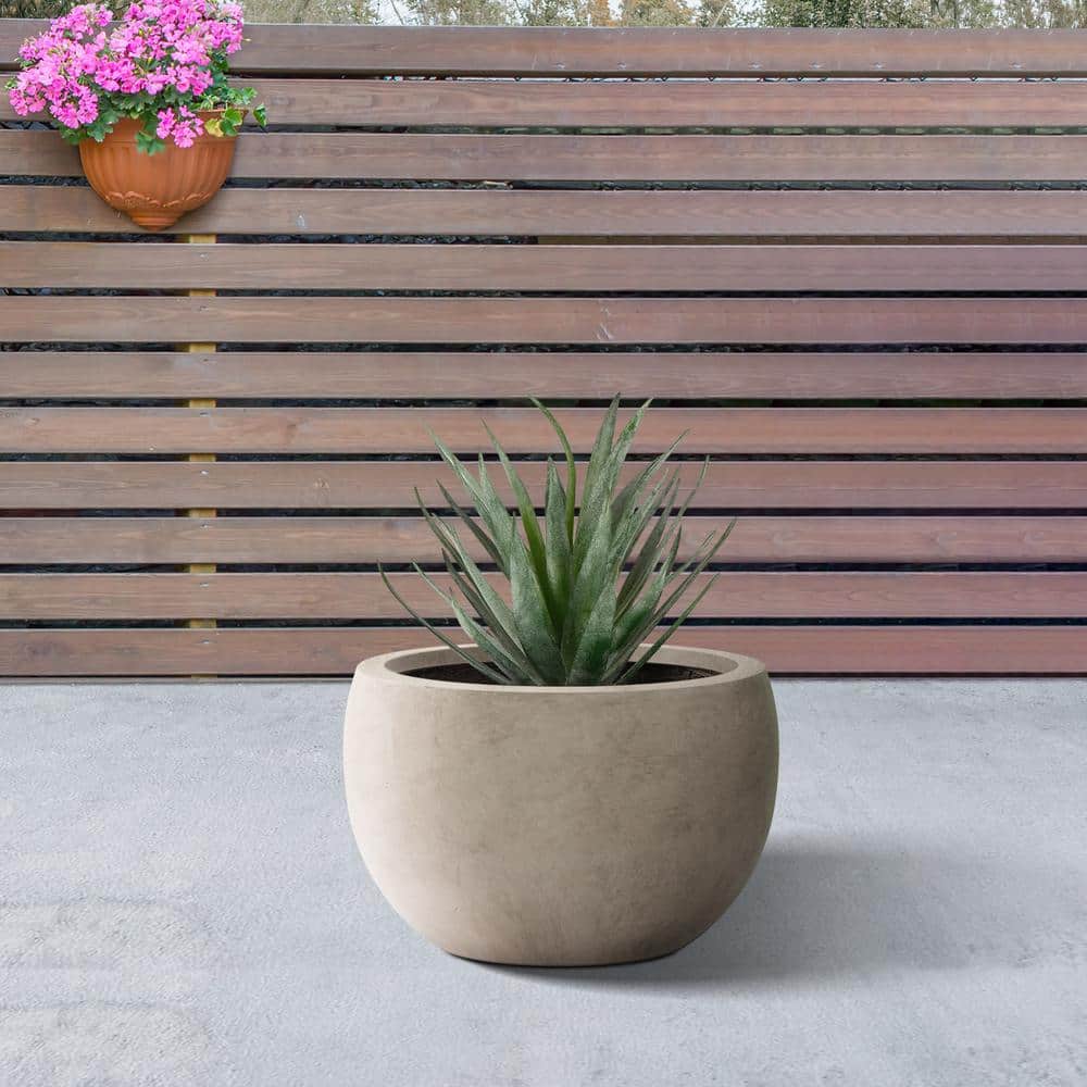 Weathered Gray Round Concrete Planter with Drainage Hole