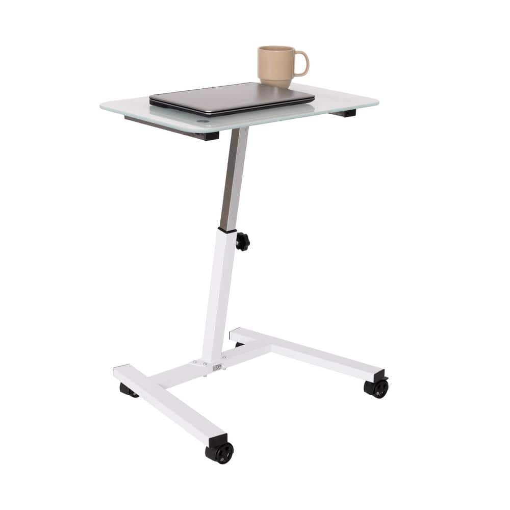 White Adjustable Height Glass Mobile Laptop Desk Cart
