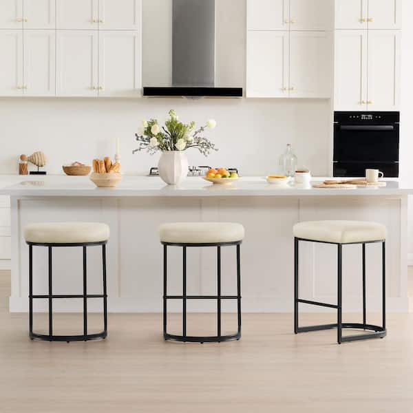 Marcus 26 in. Beige Faux Leather Curved Metal Bar Stool with Semi-Circular Seat Cushion Compact for Kitchen Set of 3
