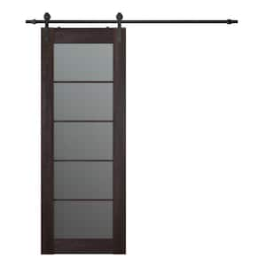 Vona 32 in. x 96 in. 5-Lite Frosted Glass Veralinga Oak Finished Composite Wood Sliding Barn Door with Hardware Kit