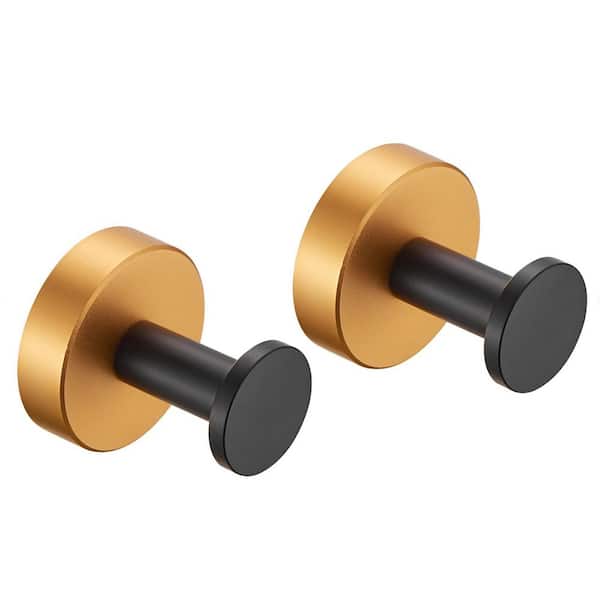 2-Pack Black Gold Aluminum Wall-Mounted Knob Robe/Towel Hook, Wall Hanging Hook with Round Base for Bathroom Kitchen