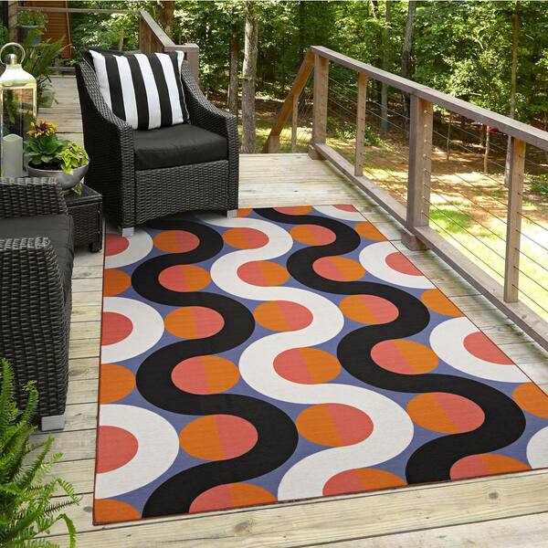 Orange Grey Outdoor Rug for Patio/Deck/Porch, Non-Slip Area Rug 5 x 8 Ft,  Middle Century Modern Geometric Abstract Art Indoor Outdoor Rugs Washable