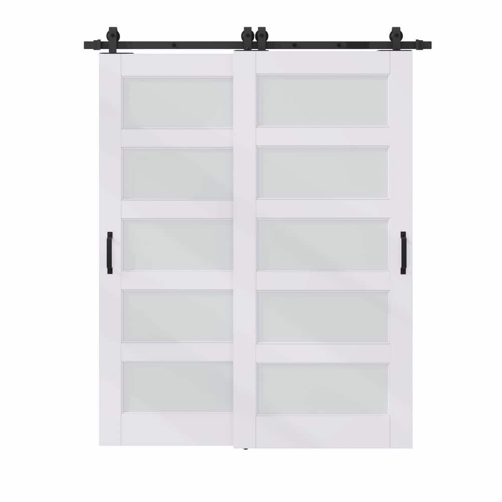 64 in. x 80 in. (Two 36 in.) Bypass Save Space 5 Lite Frosted Glass White Primed MDF Sliding Barn Door with Hardware Kit price history on PriceWatchPro