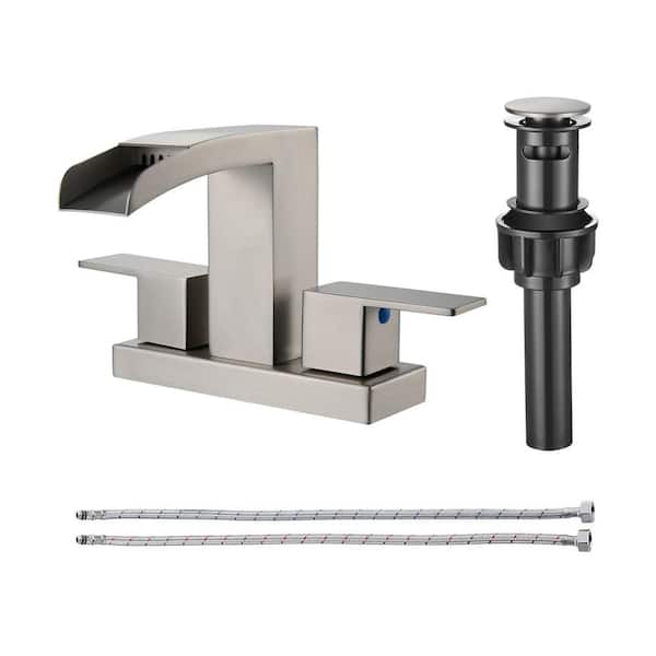 Waterfall 304 Stainless Steel 4 in. Centerset Double Handle Bathroom Faucet with Drain Kit Included in Brushed Nickel