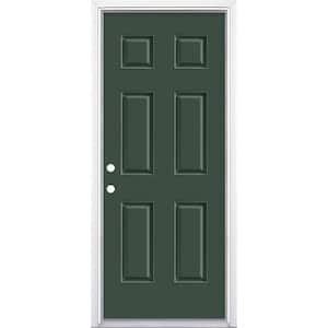 32 in. x 80 in. 6-Panel Conifer Right-Hand Inswing Painted Smooth Fiberglass Prehung Front Exterior Door with Brickmold